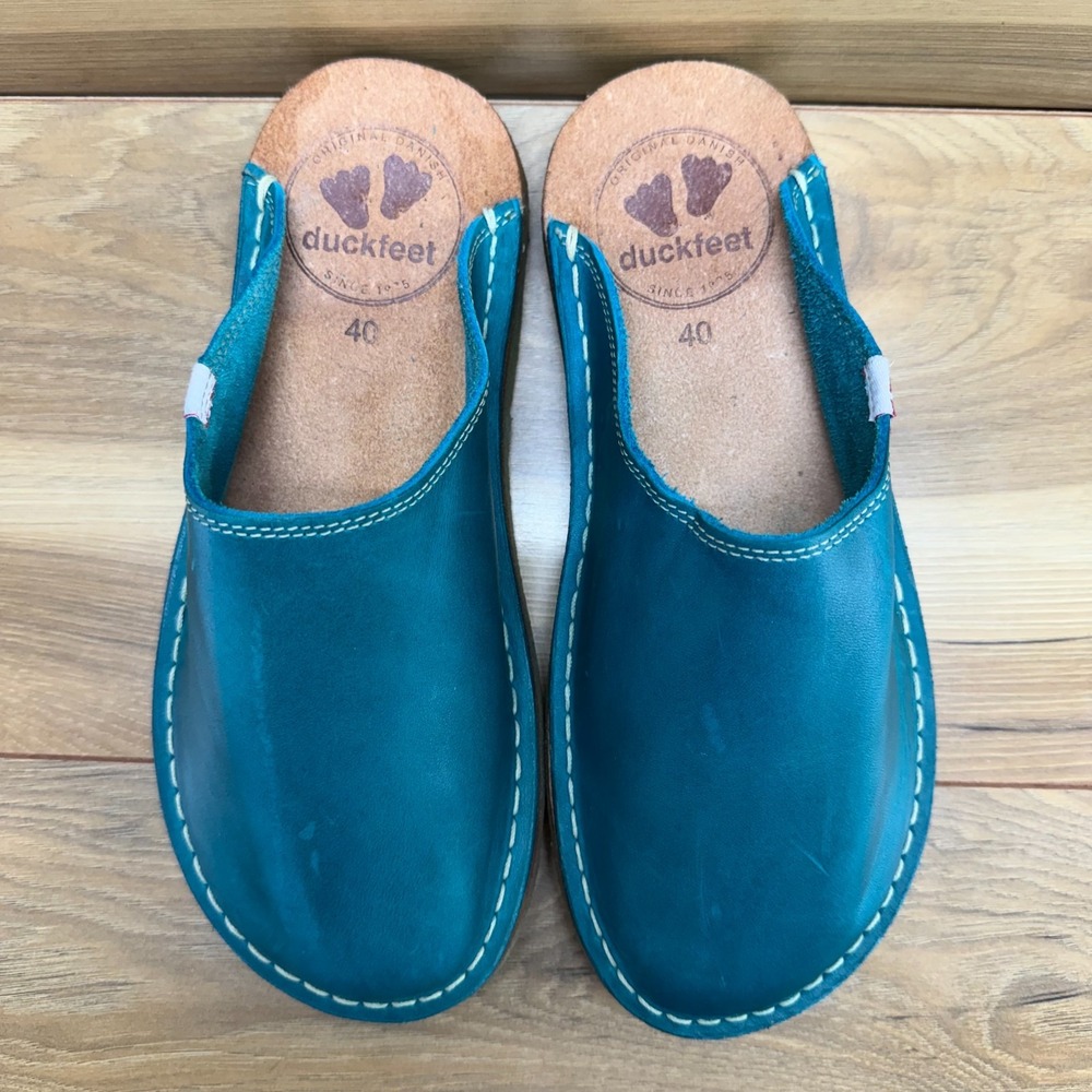 Duckfeet Blavand Teal ? Leather Mule Womens 9 9.5 EU 40 Flats Creep Gum Sole